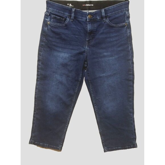Liz Claiborne Jeans Sz 12 elastic waistband Sara Crop Denim Dark Blue STRETCH EC - Picture 1 of 9